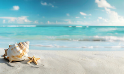 Fototapeta na wymiar A beautiful beach white sand beach and turquoise water with a white conch shell and a star fish on sand. Holiday summer beach background. 