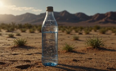 bottle of water, in the middle of the desert, the film light, panoramic shot, is very breathtaking, very realistic, 8k quality, hyper realistic, ultra realism