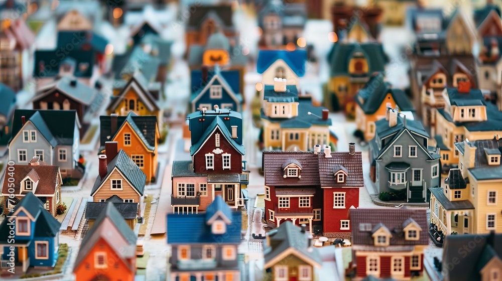 Poster observing a diverse array of tiny multicolored houses under magnification ai generated illustration
