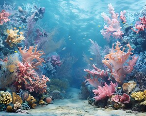 Vibrant Underwater Coral Reef Scene with Marine Life Suitable for Swim and Dive Gear Backdrop