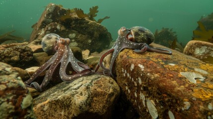 Octopuses changing color and shape as they camouflag  AI generated illustration