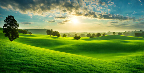 Minimalist photography capturing a sunny summer landscape with lush green vegetation