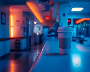 Coffee Cup on Nurse s Station During Night Shift Beacon of Alertness and Determination in the Dimly Lit Medical Hallway