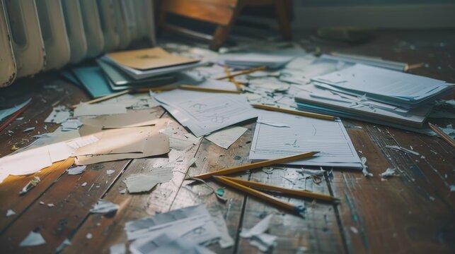 Pencils and papers strewn across the floor  AI generated illustration