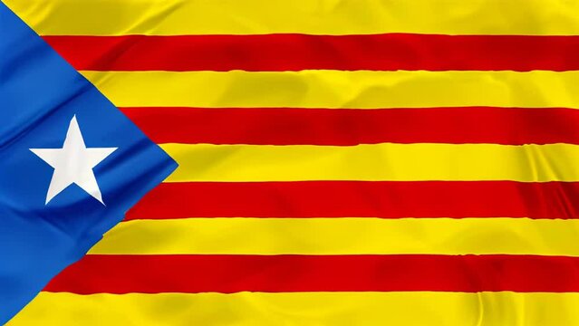 Waving Estelada Blava flag of Catalonia in Spain, or Eastern Catalan, red and yellow stripes with five pointed star in a triangle. Senyera estelada or starred flag or lion star flag.