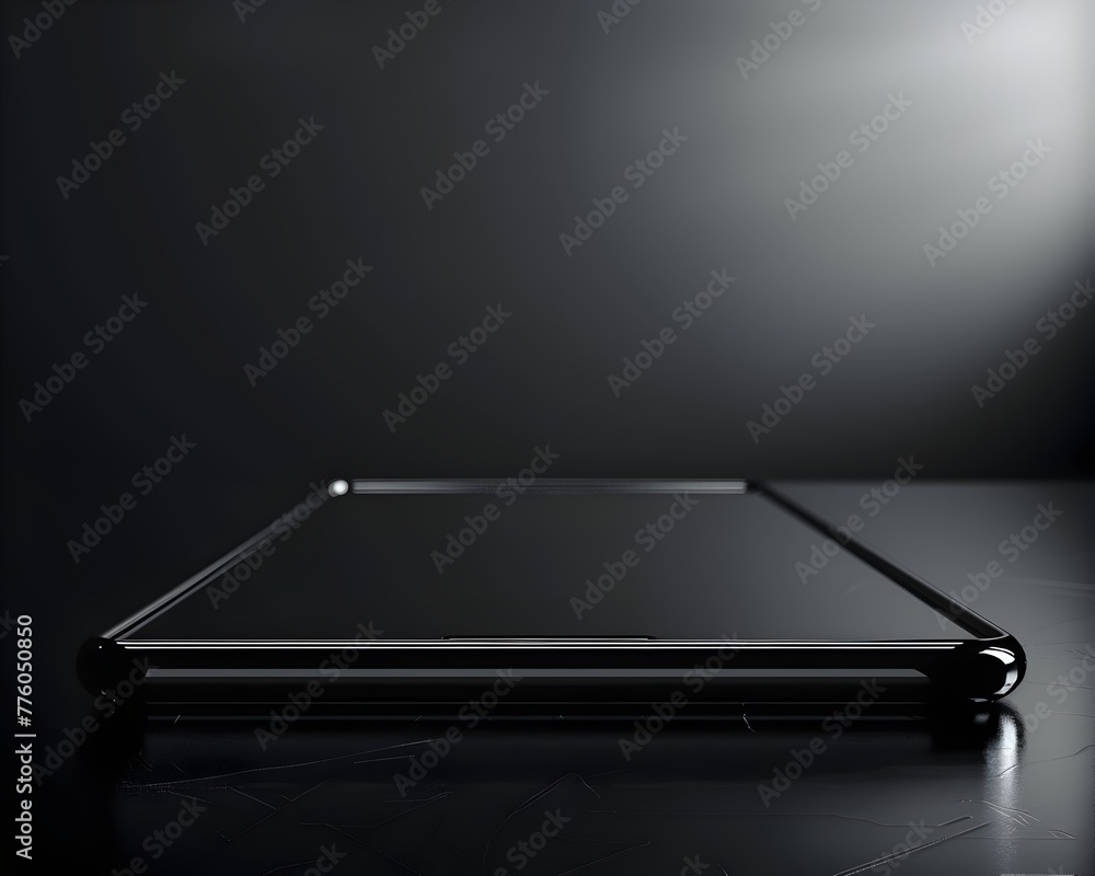 Poster sleek reflective black surface creates sophisticated environment for tech devices with ample copy sp