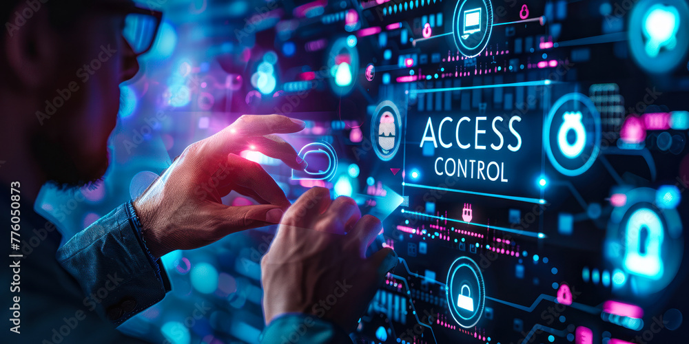 Poster advanced network security concept with access control systems, digital authentication, data protecti