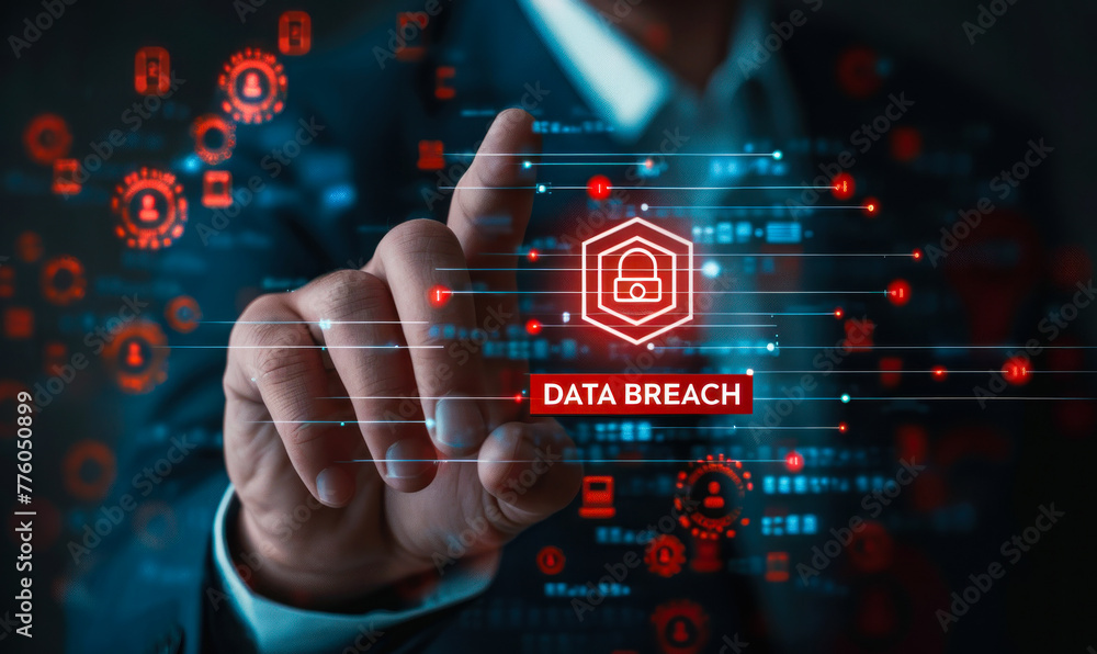 Poster executive using smartphone to manage data breach warning, digital security alert on virtual interfac