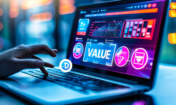 Concept of delivering value through digital business solutions, shown by a laptop displaying icons representing customer value, teamwork, analytics, and value proposition on a virtual interface