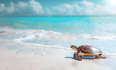 A beautiful beach white sand beach and turquoise water with a turtle. Holiday summer beach background.  - 776051013