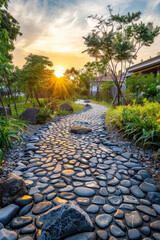 A beautiful modern garden with a pebbles path, during the sunrise