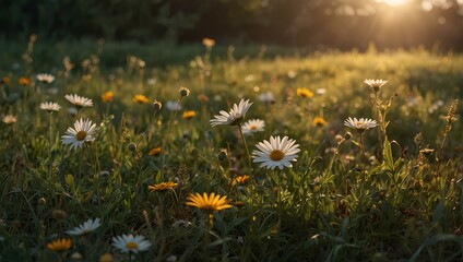 Daisies and wildflowers in summer field