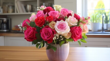 A vibrant bouquet of summer flowers, featuring red and pink roses 