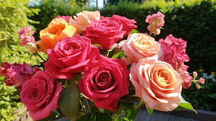 A vibrant bouquet of summer flowers, featuring red and pink roses 