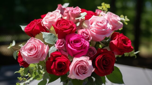 A vibrant bouquet of summer flowers, featuring red and pink roses 
