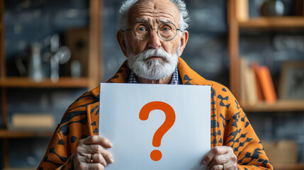 Elderly man suffering from Alzheimer's or dementia with a sign with a question mark, he does not recognize his family or who he is. Memory loss in the elderly, loneliness and depression. - obrazy, fototapety, plakaty