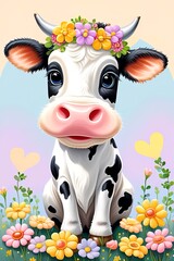 Cartoon Illustration cow and flowers