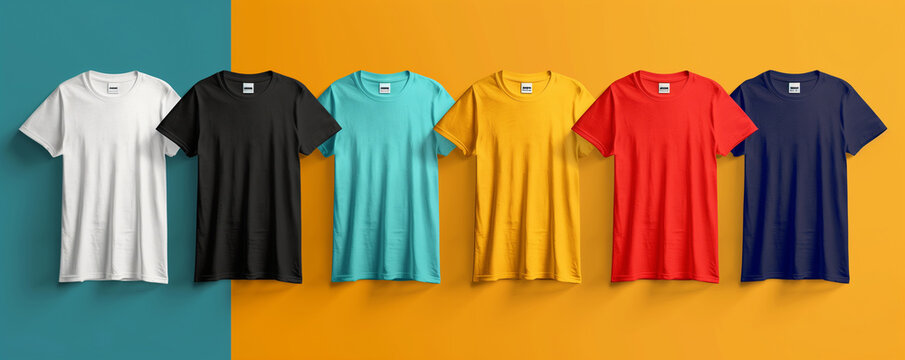 Colorful t-shirts lined up on dual-tone background.