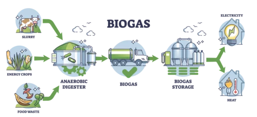 Foto auf Acrylglas Biogas production stages with bio gas generation explanation outline diagram, transparent background. Labeled educational scheme with process from slurry and crops to storage and heating. © VectorMine