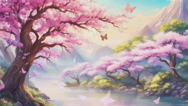 Beautiful fantasy spring natural landscape and cherry blossom tree animation background in Japanese anime watercolor painting illustration style. seamless looping animated video
