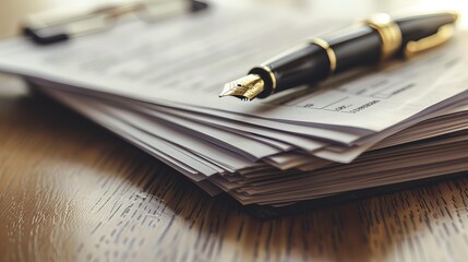 A stack of signed contracts on a desk, a fountain pen resting on top, signifying a successful deal