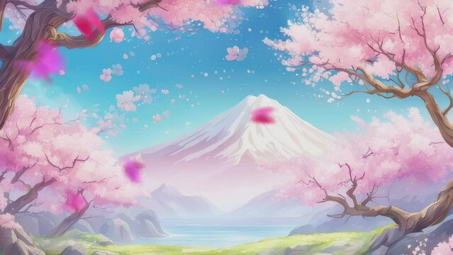 Beautiful fantasy spring natural landscape and cherry blossom tree animation background in Japanese anime watercolor painting illustration style. seamless looping animated video
