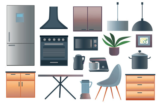 Set of kitchen furniture in flat cartoon design. Fashionable furniture and kitchen appliances in an incredible style on a white background. Vector illustration.