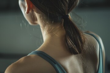 A woman with a ponytail and a blue tank top