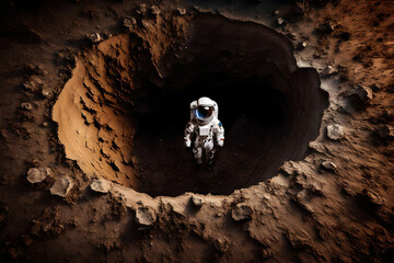 astronaut inside a crater on an exoplanet