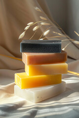A sturdy stack of soap bars, each one perfectly aligned on top of the other. The bars vary in color and size, creating a visually interesting arrangement.