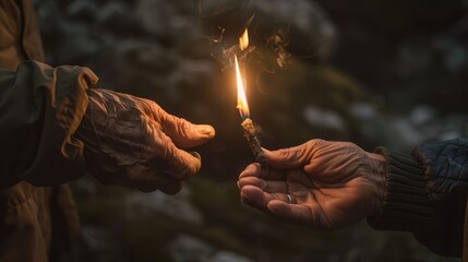 The weathered hands of an elder leader passing a torch to a younger person, symbolizing the transfer of knowledge
