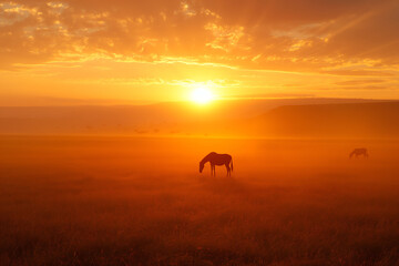 Two horses, one brown and one white, peacefully grazing on lush green grass in a vast field as the sun sets in the background, casting a warm golden hue on the landscape.
