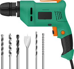 Hand drill with bits drilling machine fitted by cutting driving tool set realistic vector