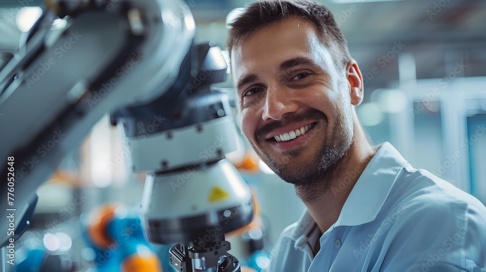 Aufkleber smiling worker embracing robotic automation for industrial progress and innovation