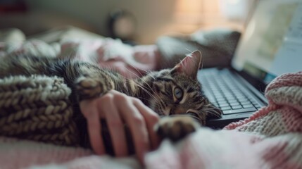 A cat is sleeping on a bed next to a laptop