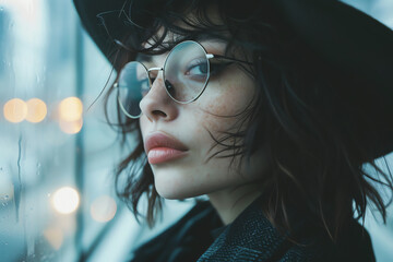 A woman wearing glasses and a hat stands by a window, gazing outside. She appears contemplative as she looks at the scene beyond the glass, lost in thought.