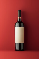 A single bottle of wine stands upright on a bright red surface, casting a shadow to the side. The label on the bottle is prominently displayed perfect for packaging mockups.