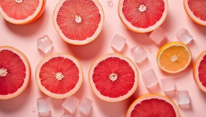 Refreshing Grapefruit Bliss: Top View Photo of Juicy Citrus Slices, Ice Cubes, and Water Drops on...
