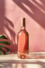 A glass bottle of wine is placed on a wooden table next to a green plant. The bottle label is facing outward, and the plants leaves are vibrant and healthy. Perfect for packaging mockups.