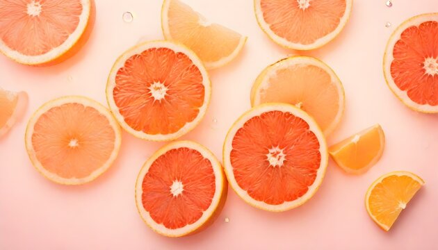Refreshing Grapefruit Bliss: Top View Photo of Juicy Citrus Slices, Ice Cubes, and Water Drops on Pastel Pink Background with Copy-Space for Summer