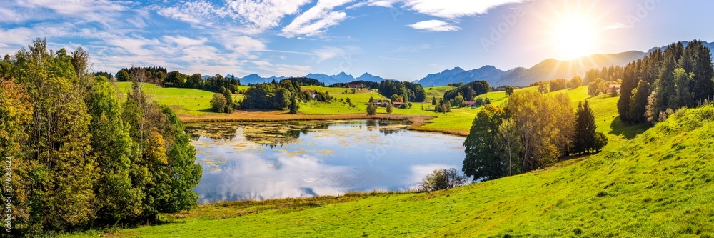 Sticker Panoramic photo of rural landscape in the Allgäu in Bavaria