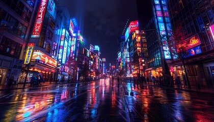 Experience vibrant neon-lit streets in downtown Japan at night