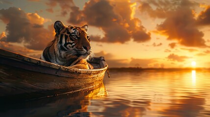 Tiger in Canoe at Sunset on Calm Waters - obrazy, fototapety, plakaty