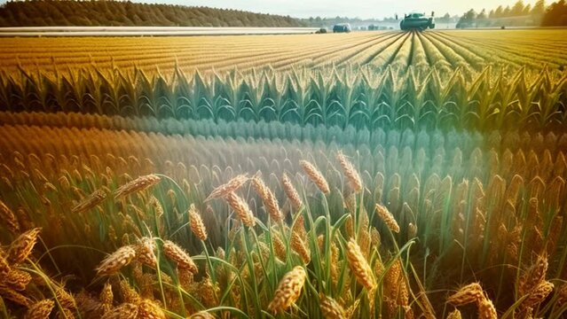 Endless rows of golden millet crops in field ready for harvest.