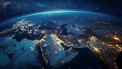 Map of the Middle East and Europe, Sparkling Stars Light Up the Skies of Planet Earth - obrazy, fototapety, plakaty