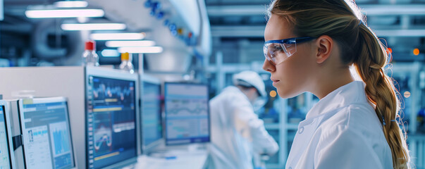 Female scientist analyzing data in a high-tech laboratory environment.