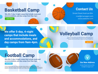 Sport volleyball basketball football camps landing page design template set vector illustration
