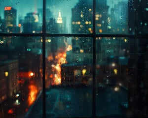 Moody Rainy City Night Through Wet Window with Blurred Cityscape Lights and Reflections