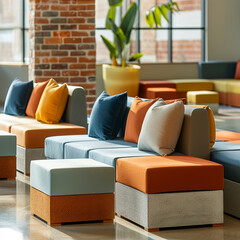 Innovative furniture combining brick base supports, plastic seating, and fabric cushions, embodying flexibility in use and style