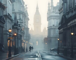 Obraz premium Foggy Historic British City Street with Classic Architecture and Moody Atmosphere